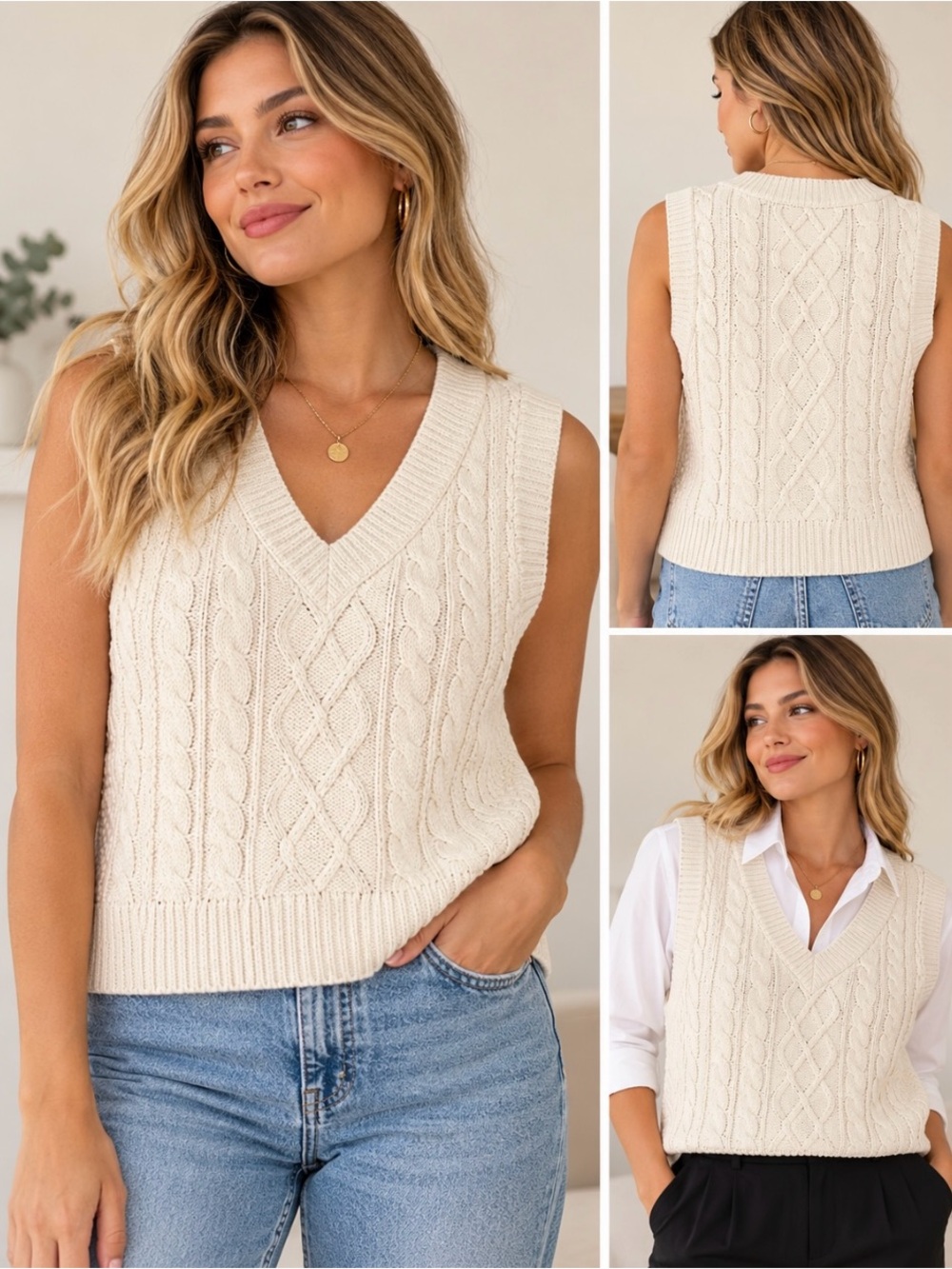 Aerie Women’s L Cream Cable Knit Sweater Vest V-Neck Oversized Preppy Coastal